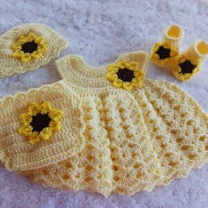 Crochet Baby Girl Yellow Sunflowers Heirloom Dress Set Photo Prop